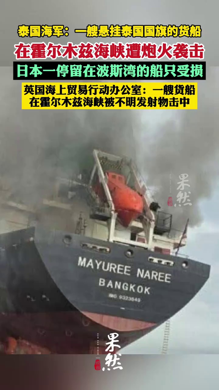 泰国海军：一艘悬挂泰国国旗的货船在霍尔木兹海峡遭炮火袭击，船舱严重受损，现场画面曝光；日本一停留在波斯湾的船只受损