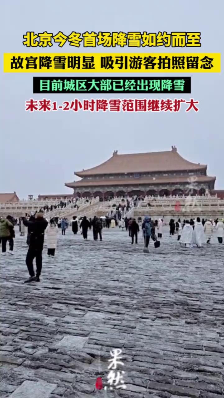 北京今冬首场降雪如约而至，故宫降雪十分明显，吸引了众多游客拍照留念
