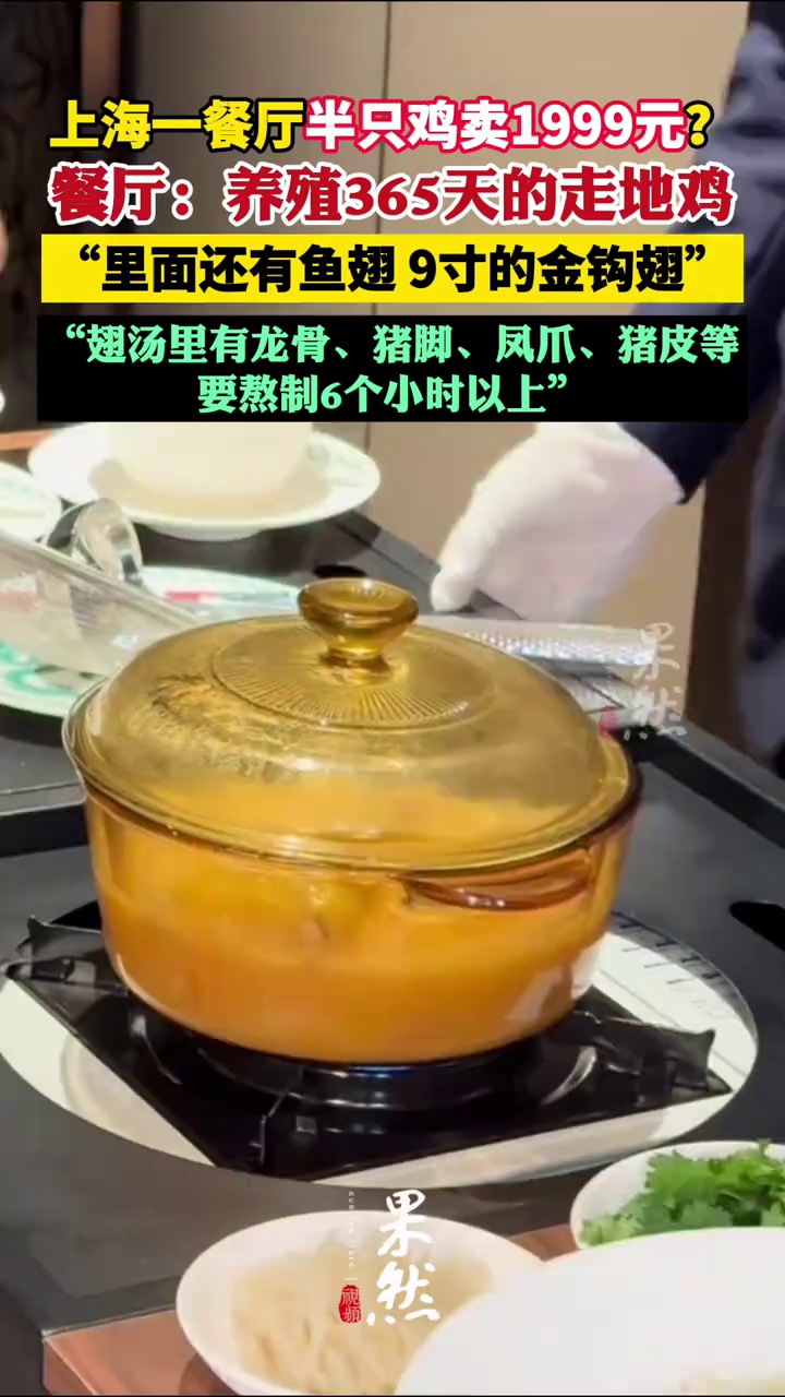 上海一餐厅半只鸡卖1999元？店方：主食材还有鱼翅，金钩翅占了价格大头（极目新闻）
