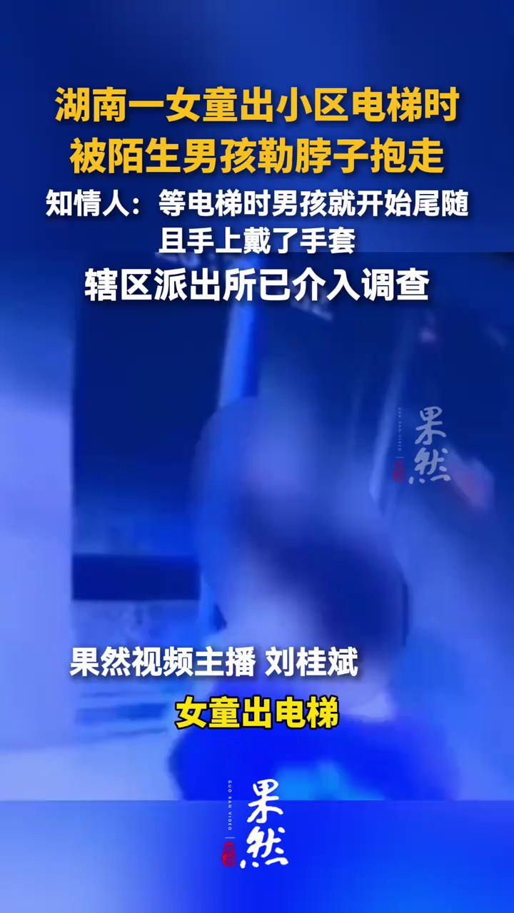湖南一女童出小区电梯时，被陌生男孩勒脖子抱走