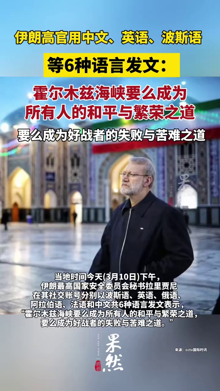 伊朗高官用中文、英语、波斯语等6种语言发文：霍尔木兹海峡要么成为所有人的和平与繁荣之道，要么成为好战者的失败与苦难之道