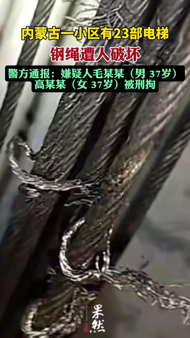 一小区有23部电梯钢绳被破坏，当地警方通报：毛某某（男，37岁）、高某某（女，37岁）被刑拘