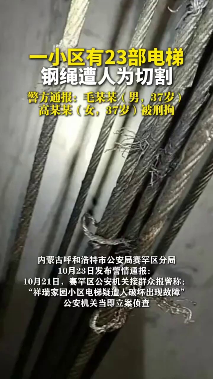 一小区有23部电梯钢绳遭人为切割，警方通报：毛某某（男，37岁）高某某（女，37岁）被刑拘