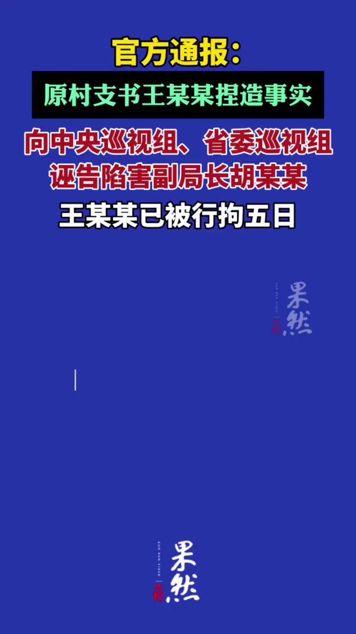 官方通报：原村支书王某某，捏造事实向中央巡视组、省委巡视组诬告陷害副局长胡某某，被拘5天（政事儿）