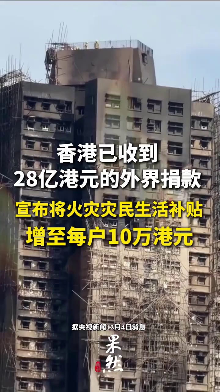 香港已收到28亿港元的外界捐款，宣布将火灾灾民生活补贴增至每户10万港元