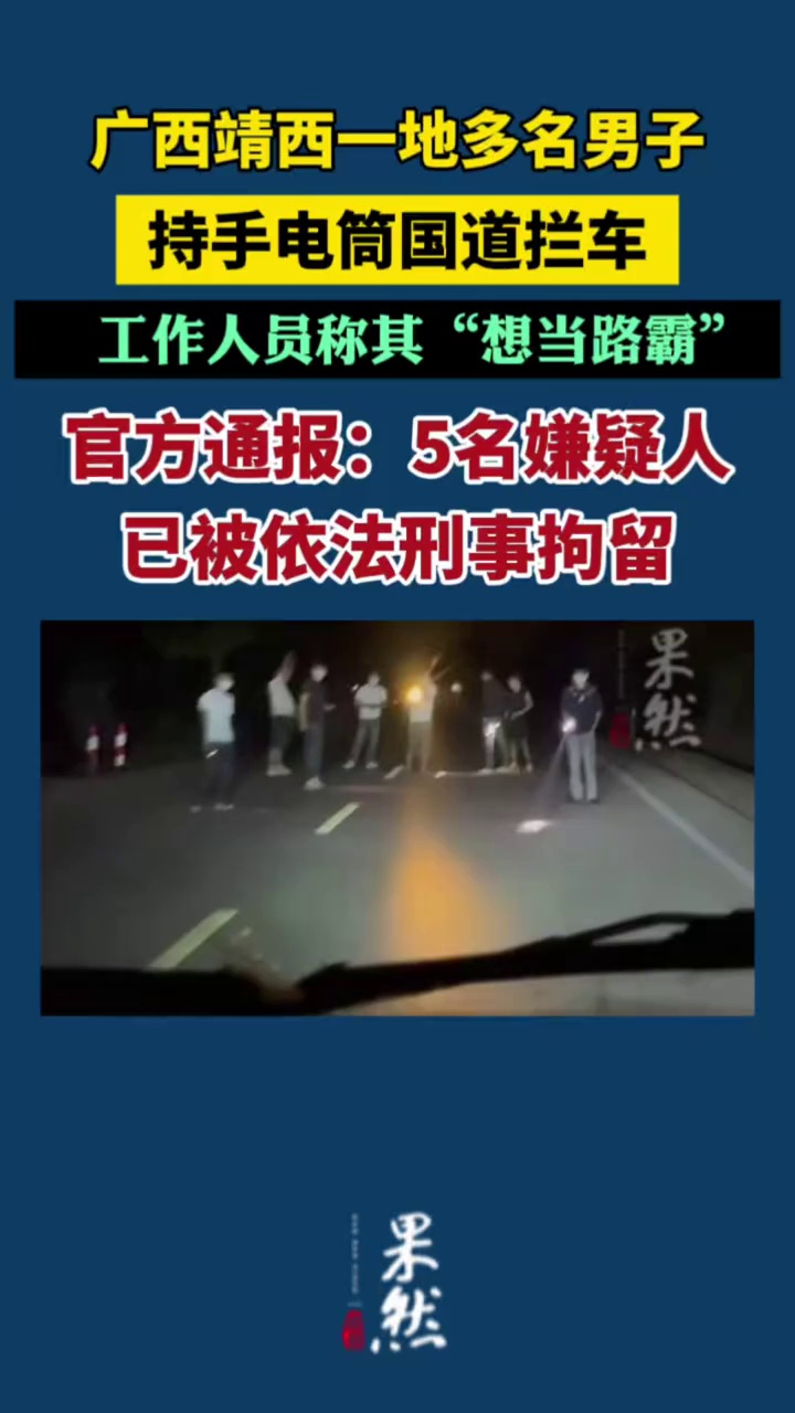 广西靖西一地多名男子持手电筒国道拦车，工作人员称其“想当路霸”，官方通报：5名嫌疑人已被依法刑事拘留