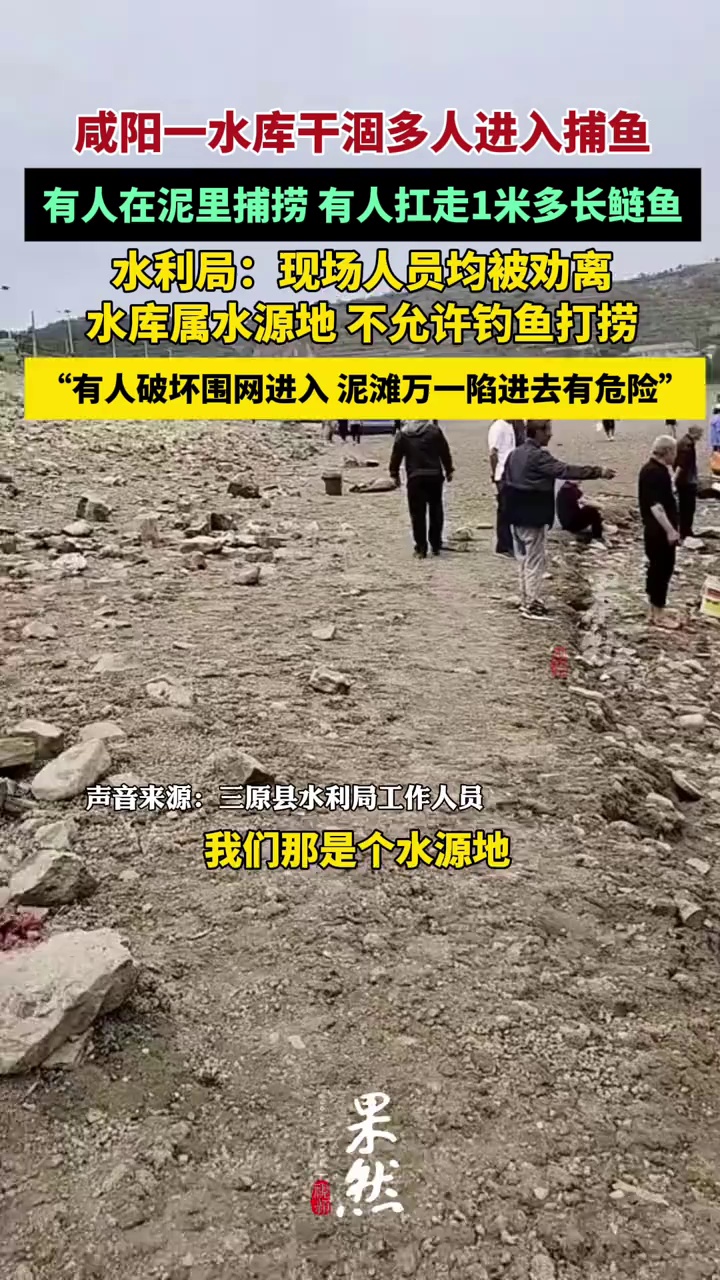 咸阳一水库干涸多人进入捕鱼：有人扛走一米多长鲢鱼 现场人员均被劝离（新京报）