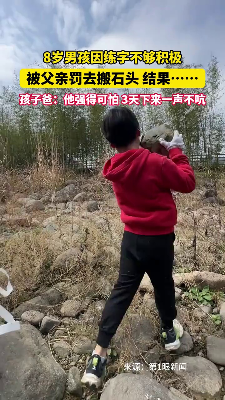 8岁男孩因练字不够积极，被父亲罚去搬石头，结果……