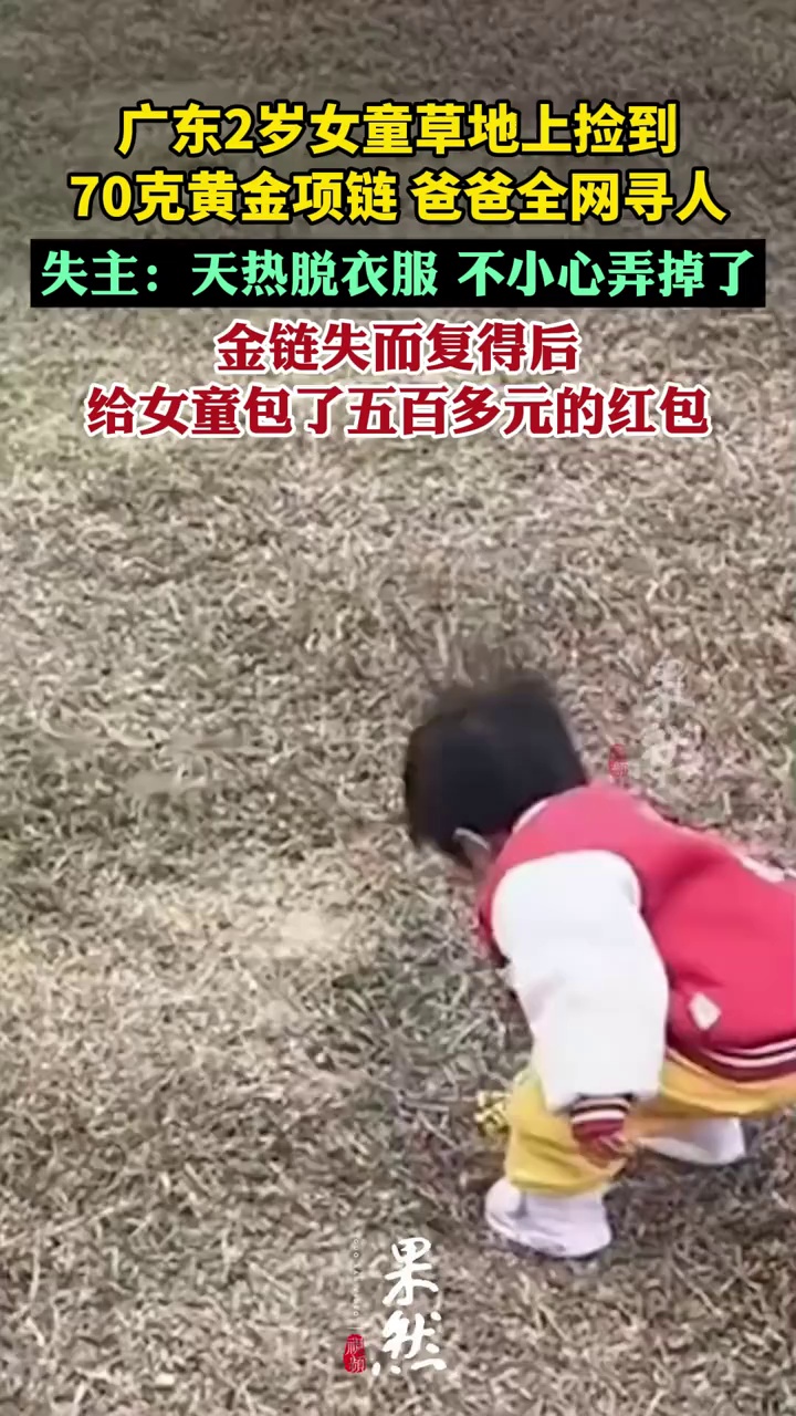 广东2岁女童草地上捡到70克黄金项链，爸爸全网寻人