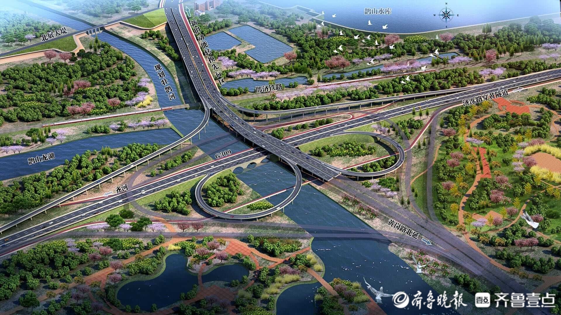 济泺路黄河隧道北正建叶型互通立交，将牵手隧道与4条国省道