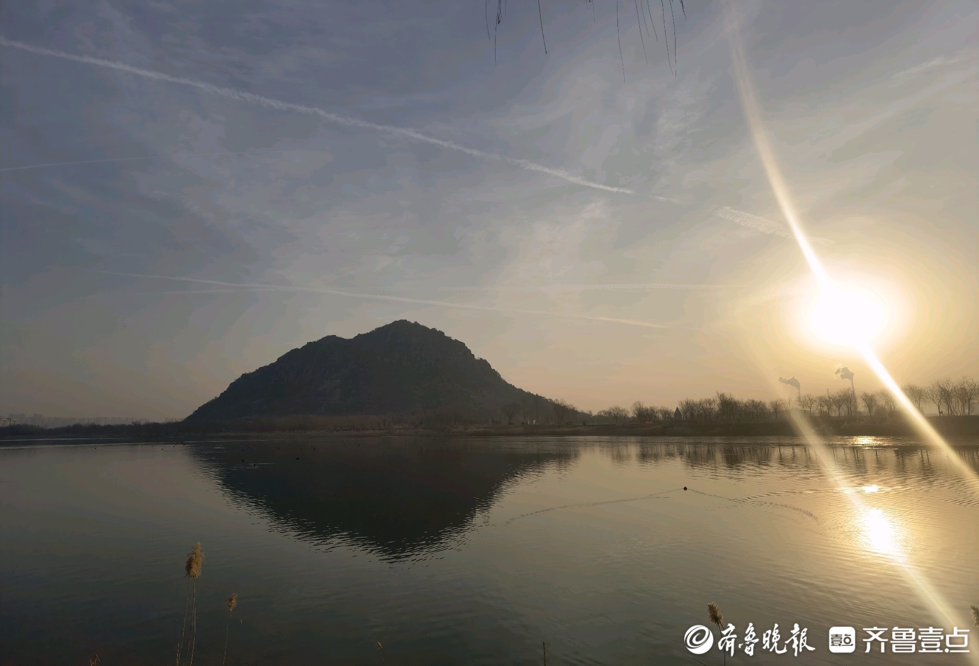 水鸟跃波添活力，华山美景入画来