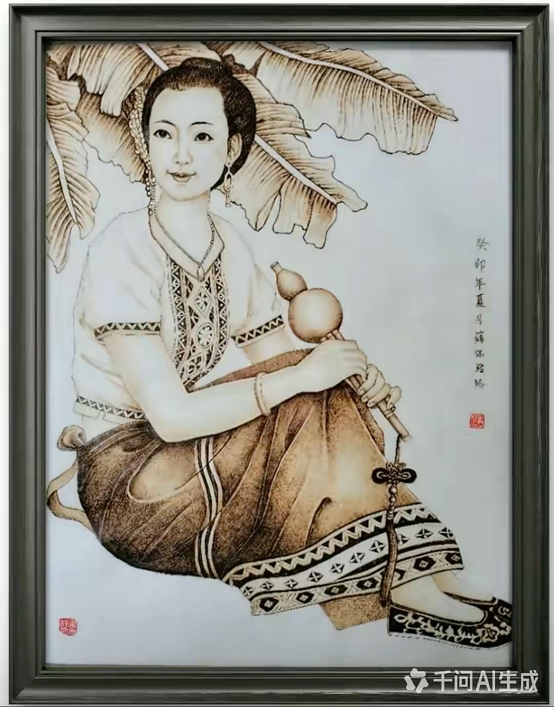 薛保君 宣纸烙画《吹葫芦丝的少女》古朴典雅，精美绝伦。