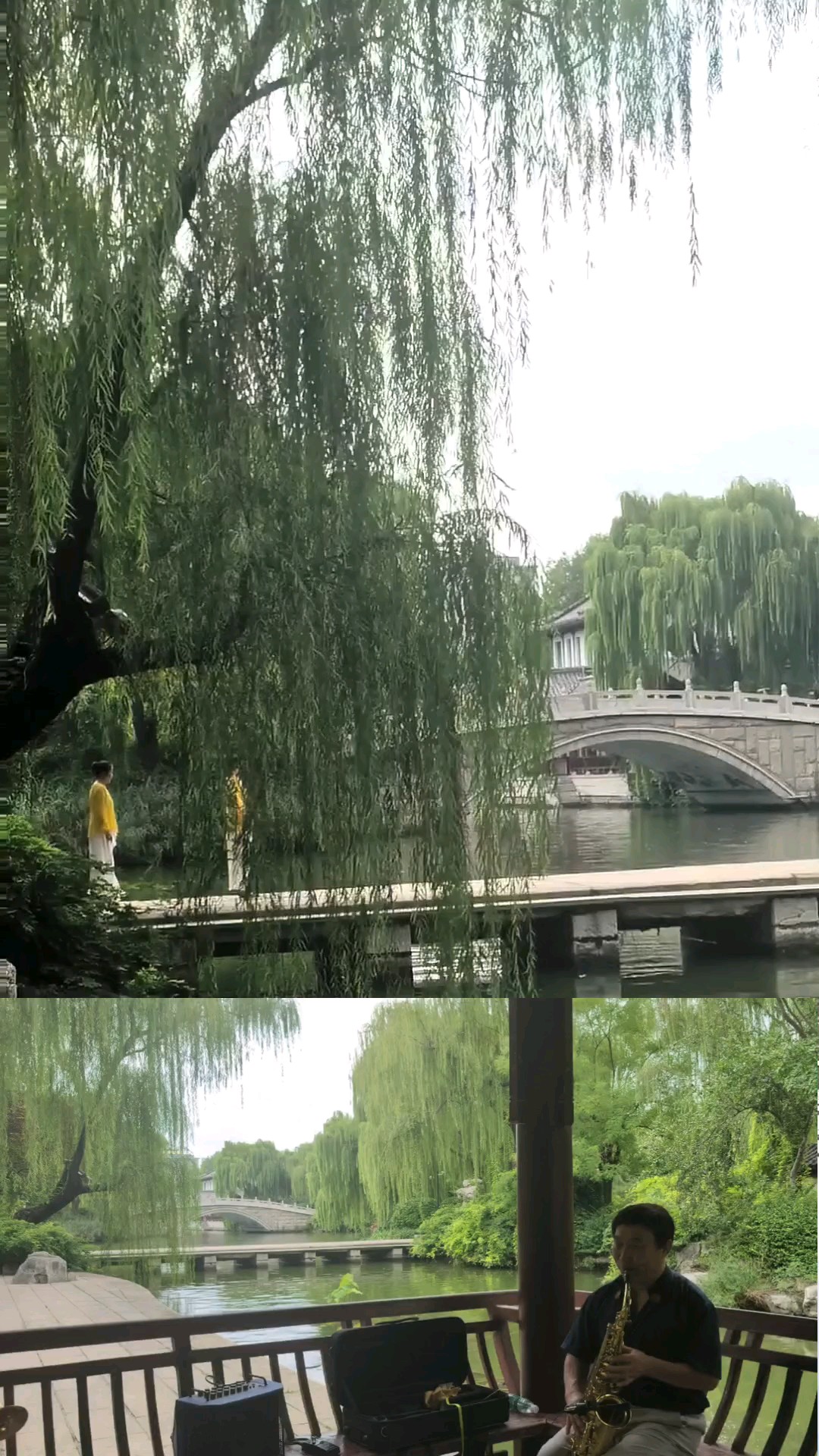 处暑明湖畔，乐声绕翠柯。
桥上人曼舞，荷水荡清波。