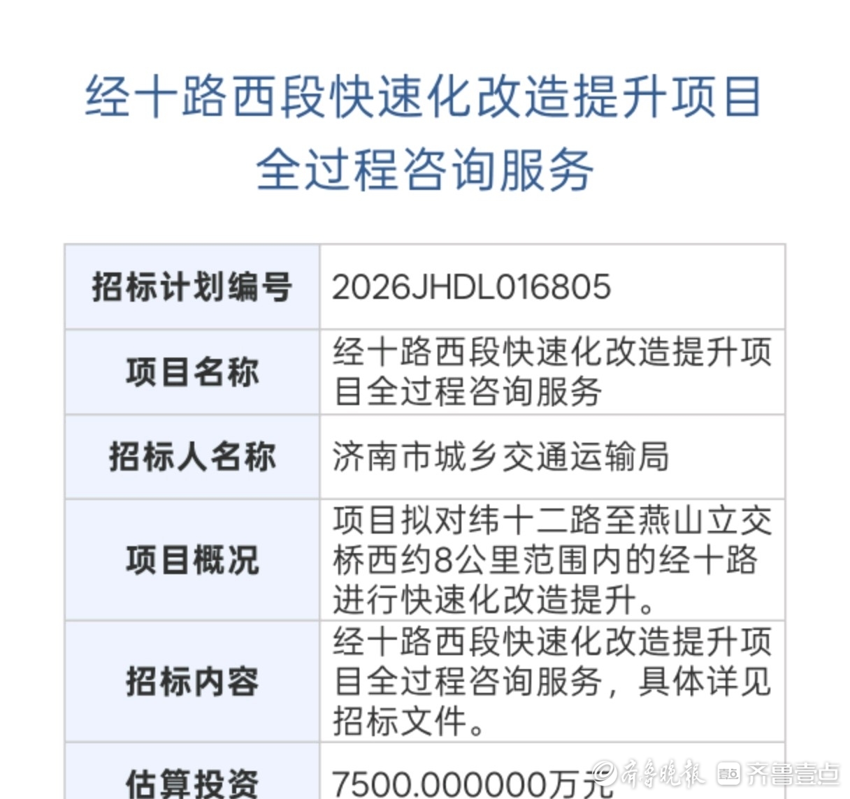 经十路西段将快速化改造，全长8公里，从纬十二路到燕山立交桥