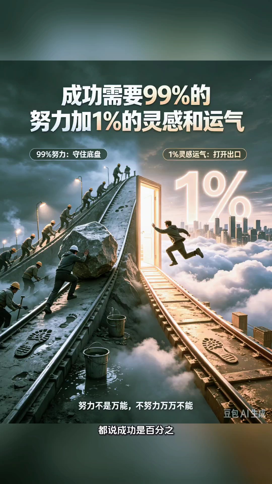 人生成事成功需要99%的努力加1%的灵感和运气！