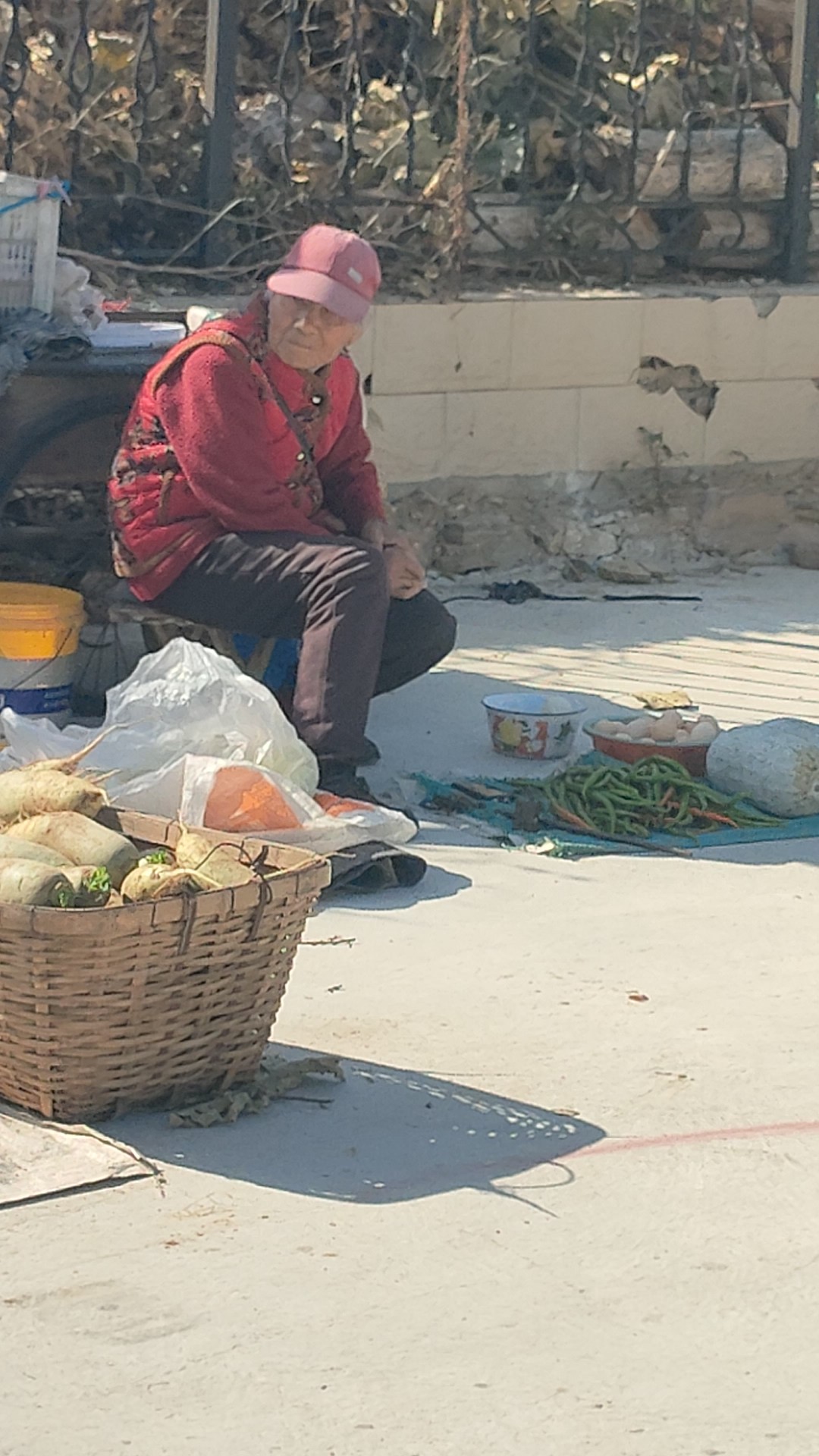 小镇上赶大集，卖菜老人在守摊